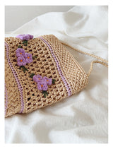 Women’s Floral Raffia Shoulder Bucket Bag Lavender Straw Bag for Beach, Vacation & Summer Outfits