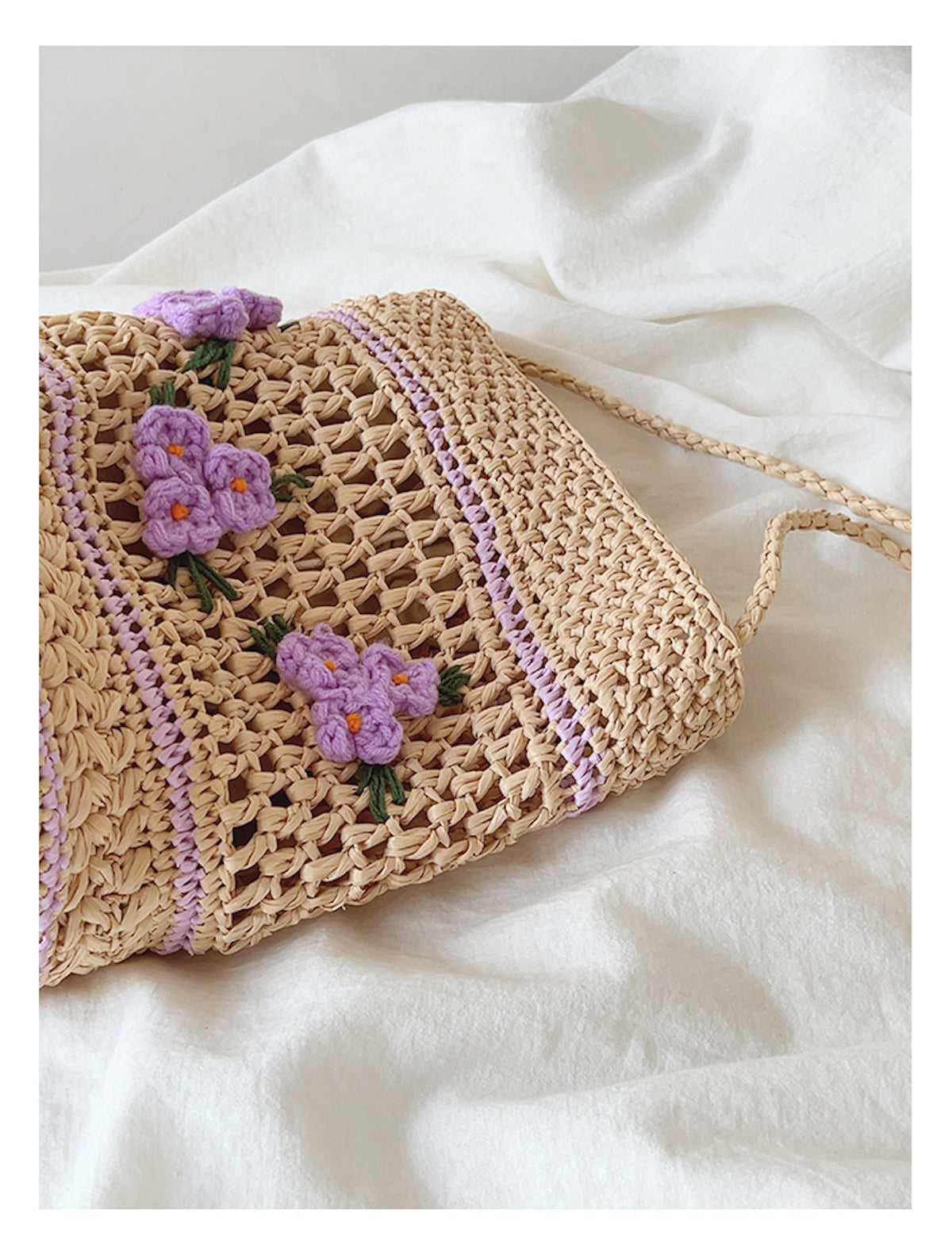 Women’s Floral Raffia Shoulder Bucket Bag Lavender Straw Bag for Beach, Vacation & Summer Outfits