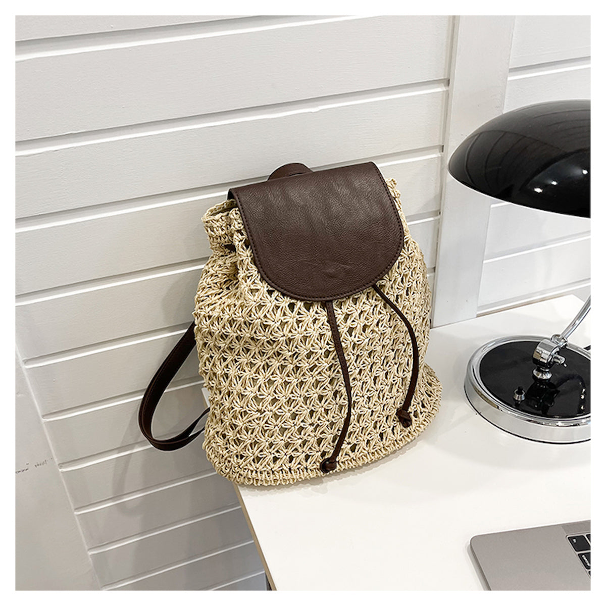 Women’s Straw Woven Backpack with Leather Strap and Flap Tote Bag for Beach, Vacation & Summer Outfits