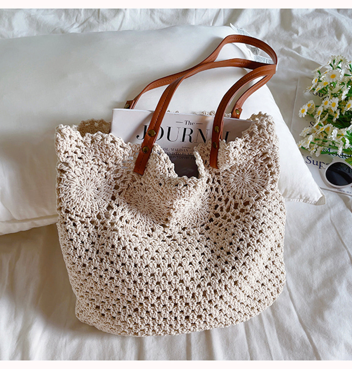 Women’s Floral Design Cotton Knitted Shoulder Bag for Boho Everyday Style & Gifts