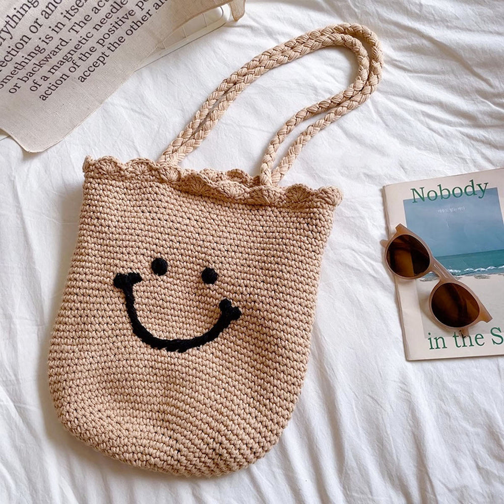 Baumwoll-Strick-Umhängetasche mit Smiley-Gesicht für Bohème-Alltagsstil & Geschenke für Damen