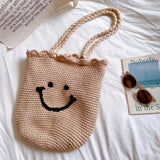 Women’s Cotton Knit Smiley Face Shoulder Bag Purse for Boho Everyday Style & Gifts