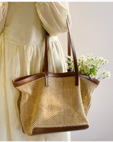 Women’s Straw Woven Tote Bag with Leather Trims for Beach, Vacation & Summer Outfits
