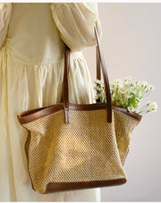 Women’s Straw Woven Tote Bag with Leather Trims for Beach, Vacation & Summer Outfits