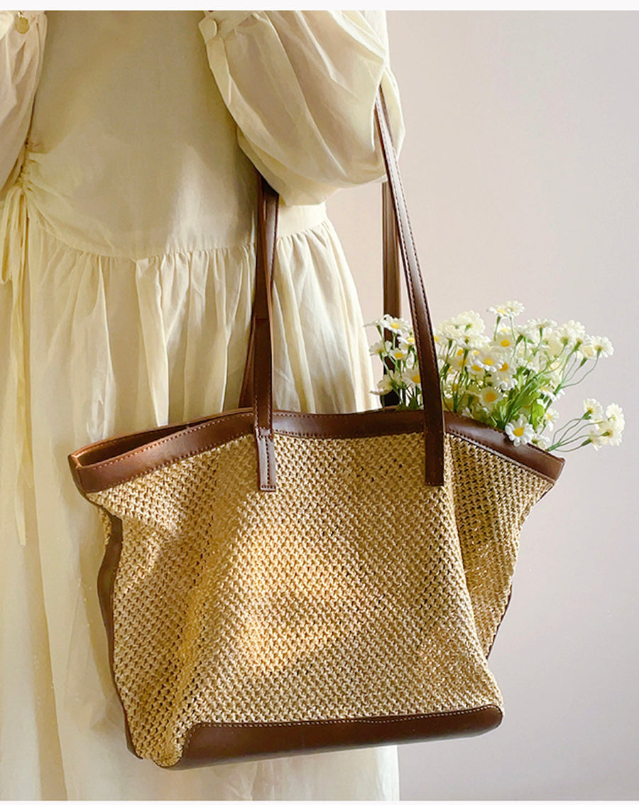 Women’s Straw Woven Tote Bag with Leather Trims for Beach, Vacation & Summer Outfits