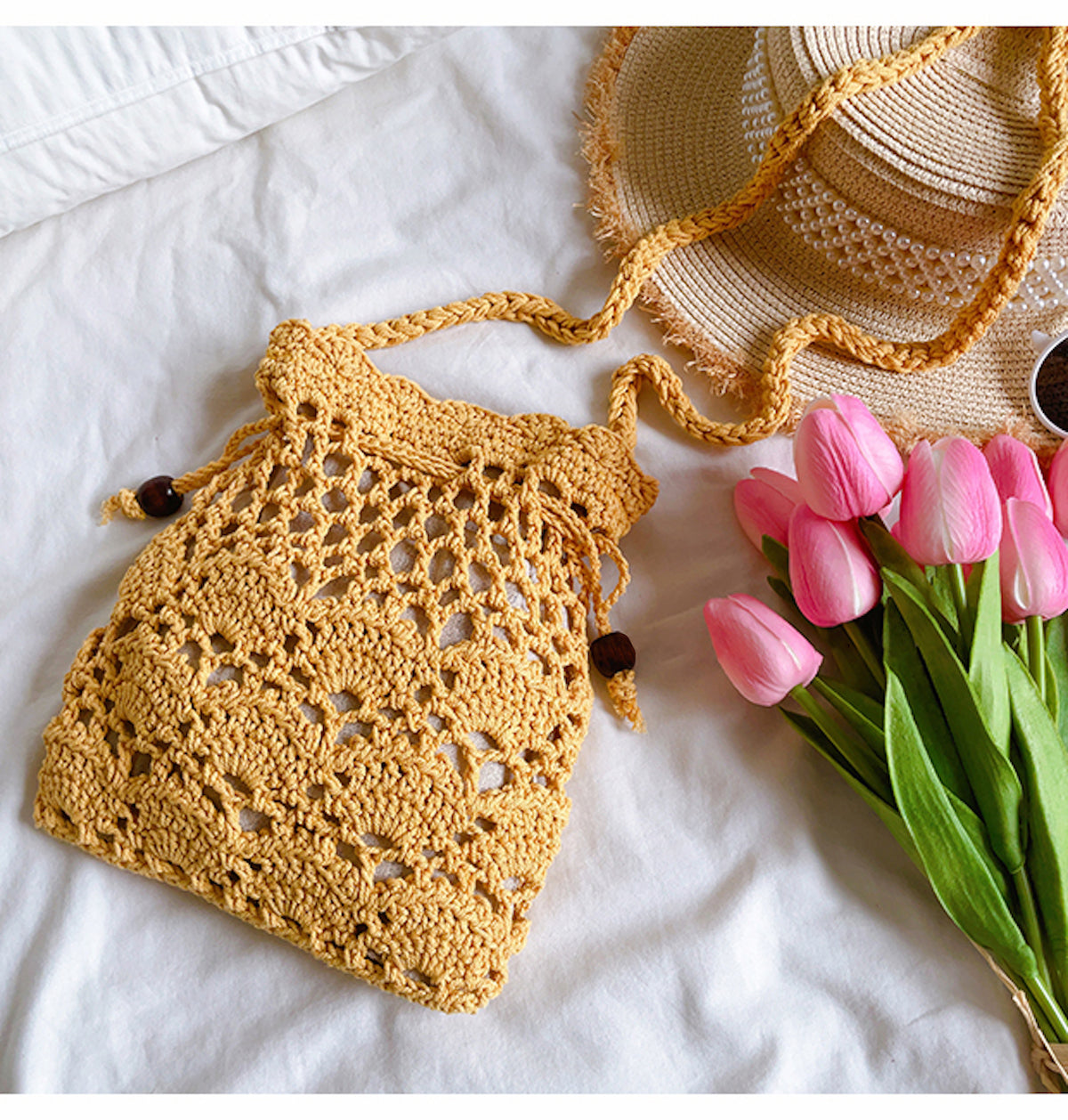 Women’s Floral Cotton Knitted Shoulder Drawstring Bag with Tassel Crossbody Bag for Boho Everyday Style & Gifts