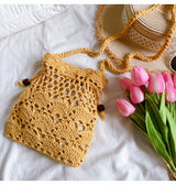 Women’s Floral Cotton Knitted Shoulder Drawstring Bag with Tassel Crossbody Bag for Boho Everyday Style & Gifts