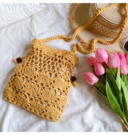 Women’s Floral Cotton Knitted Shoulder Drawstring Bag with Tassel Crossbody Bag for Boho Everyday Style & Gifts