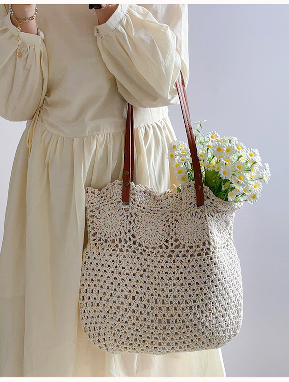Women’s Floral Design Cotton Knitted Shoulder Bag for Boho Everyday Style & Gifts
