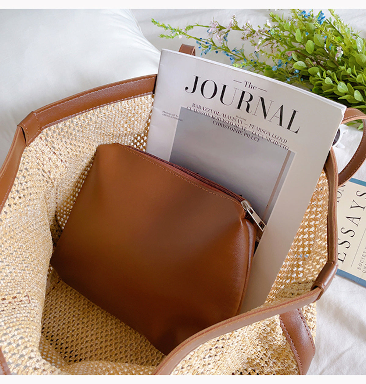 Women’s Straw Woven Tote Bag with Leather Trims for Beach, Vacation & Summer Outfits