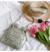 Women’s Floral Cotton Knitted Shoulder Drawstring Bag with Tassel Crossbody Bag for Boho Everyday Style & Gifts