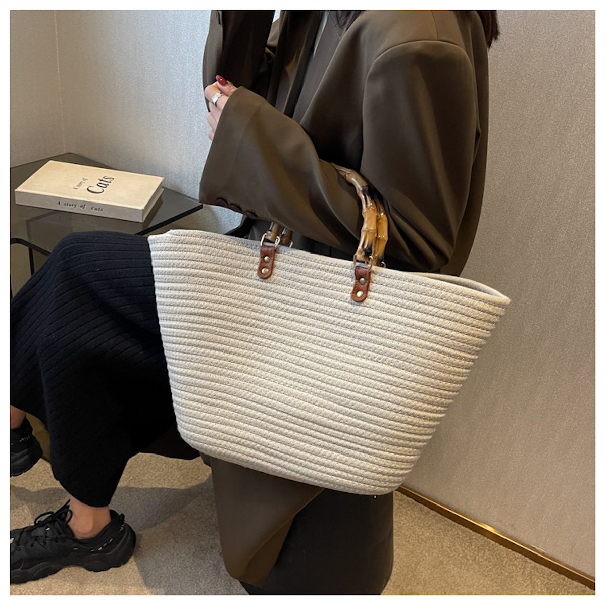 Women’s Knitted Cotton Retro Woven Tote Basket Bag for Boho Everyday Style & Gifts