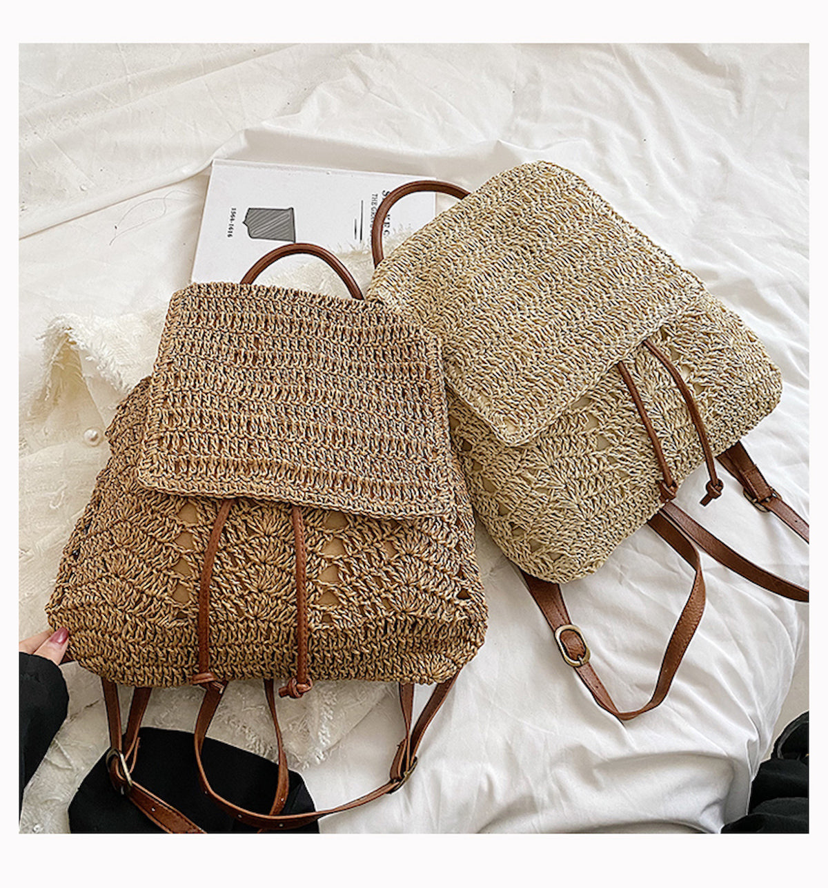 Women’s Straw Backpack with Leather Strap Tote Bag for Beach, Vacation & Summer Outfits