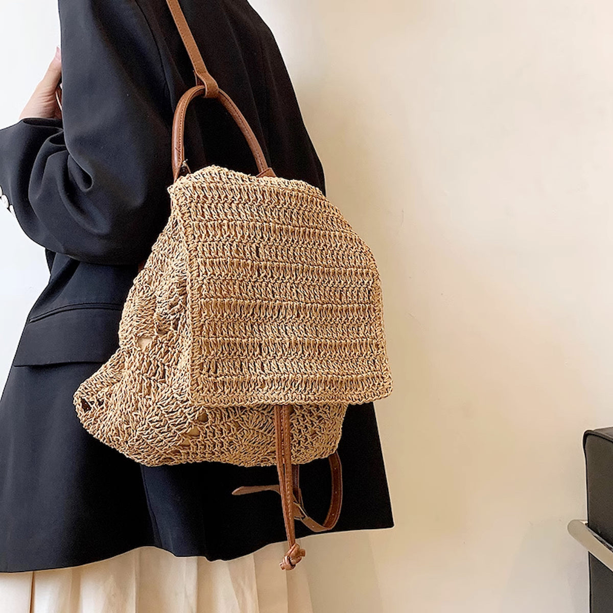Women’s Straw Backpack with Leather Strap Tote Bag for Beach, Vacation & Summer Outfits