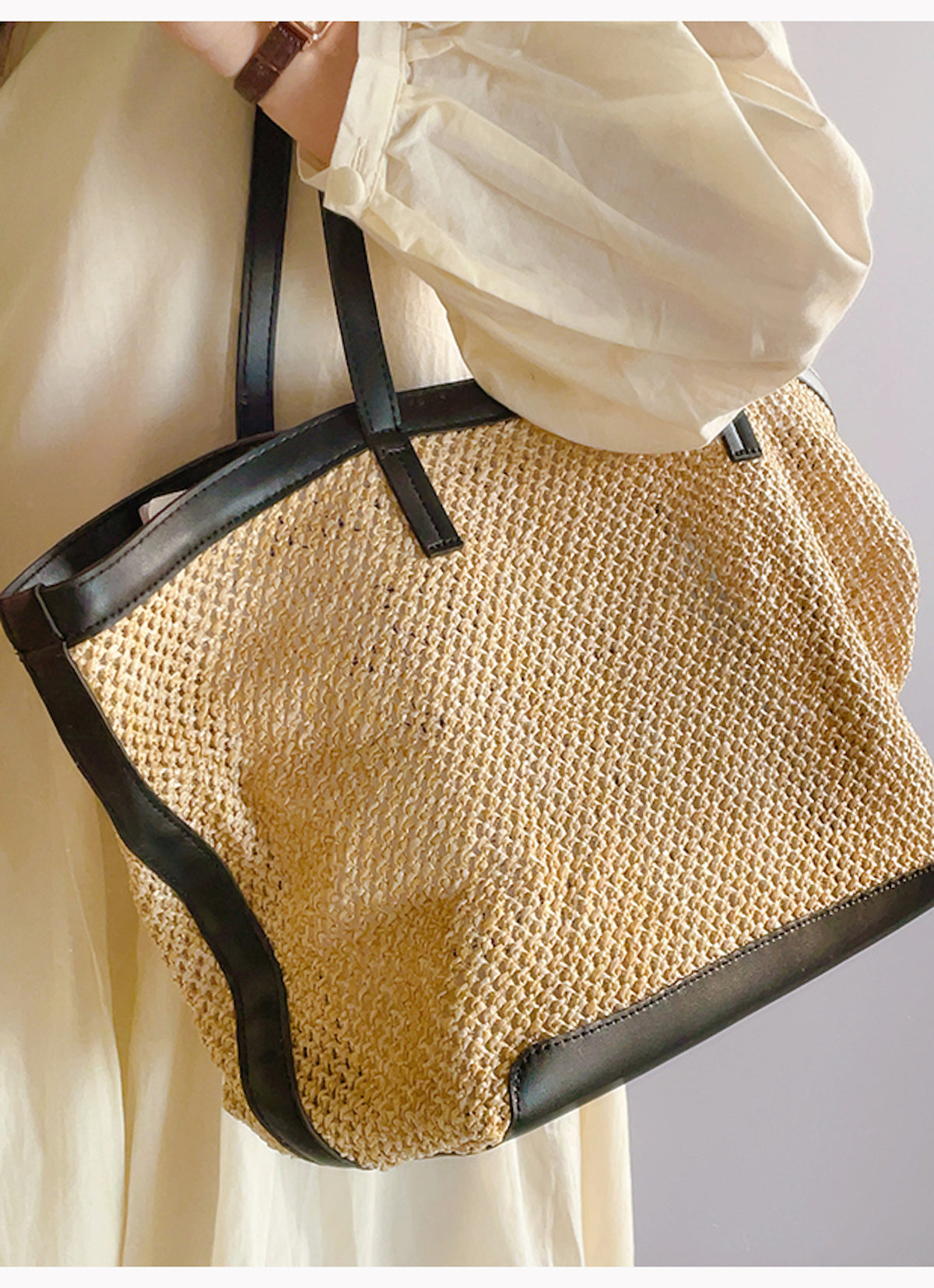 Women’s Straw Woven Tote Bag with Leather Trims for Beach, Vacation & Summer Outfits