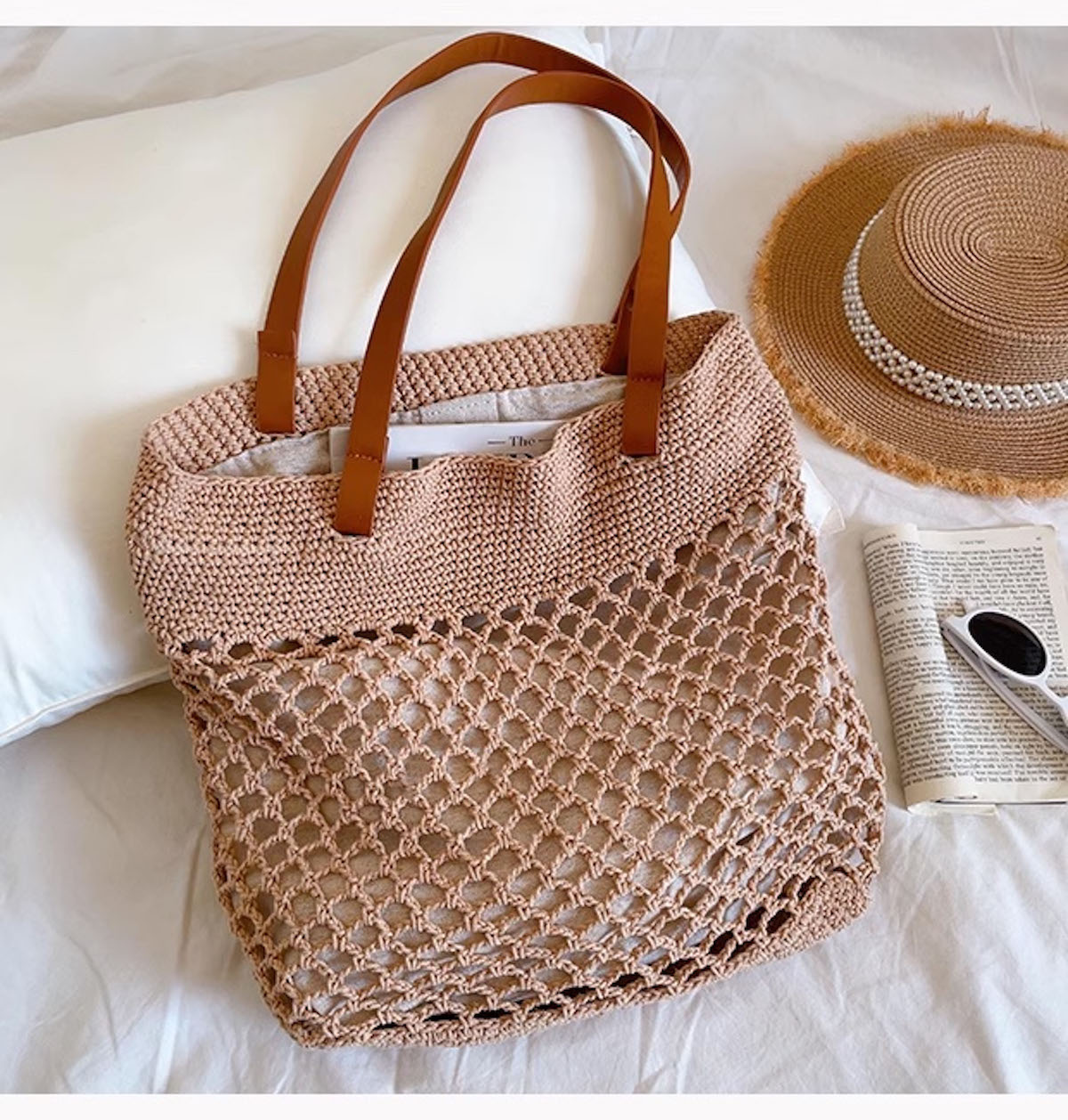Women’s Retro Fish Net Cotton Knitted Shoulder Bag with Leather Straps for Boho Everyday Style & Gifts