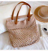 Women’s Retro Fish Net Cotton Knitted Shoulder Bag with Leather Straps for Boho Everyday Style & Gifts