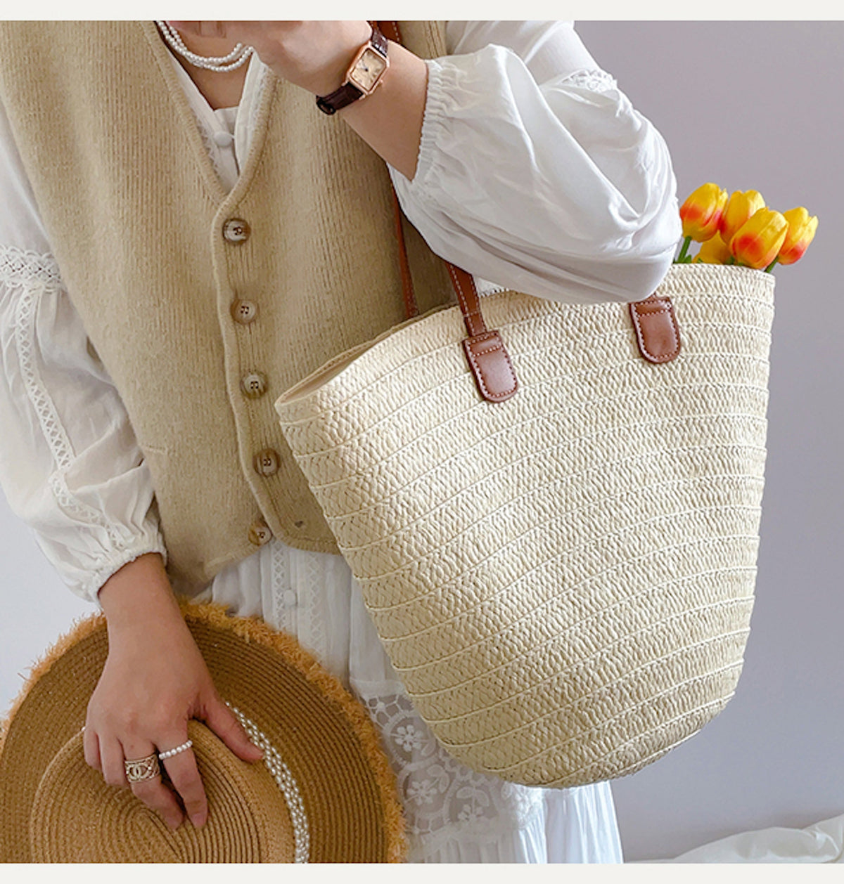 Women’s Straw Summer Basket Tote Bag for Beach, Vacation & Summer Outfits