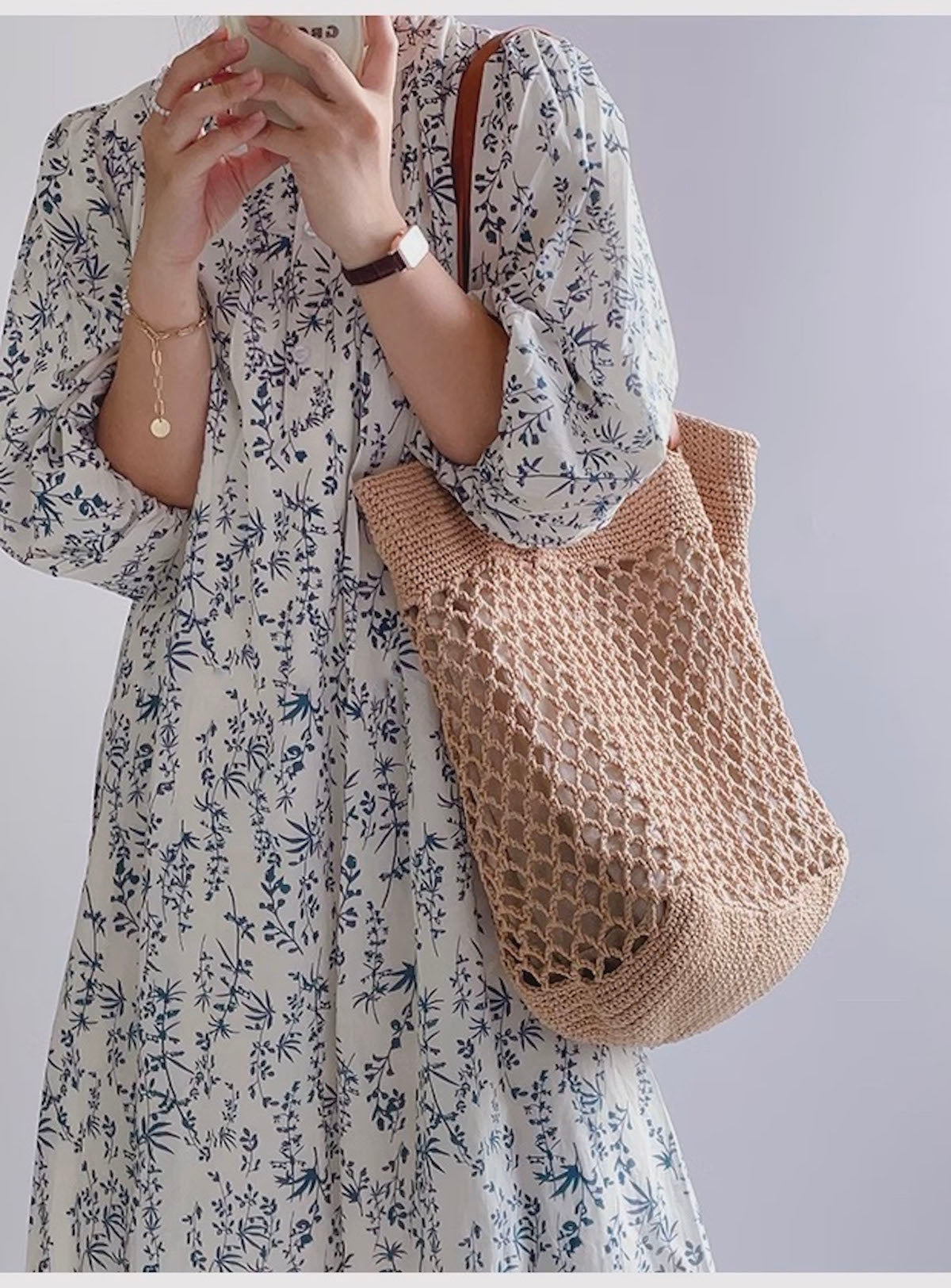 Women’s Retro Fish Net Cotton Knitted Shoulder Bag with Leather Straps for Boho Everyday Style & Gifts
