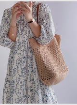 Women’s Retro Fish Net Cotton Knitted Shoulder Bag with Leather Straps for Boho Everyday Style & Gifts