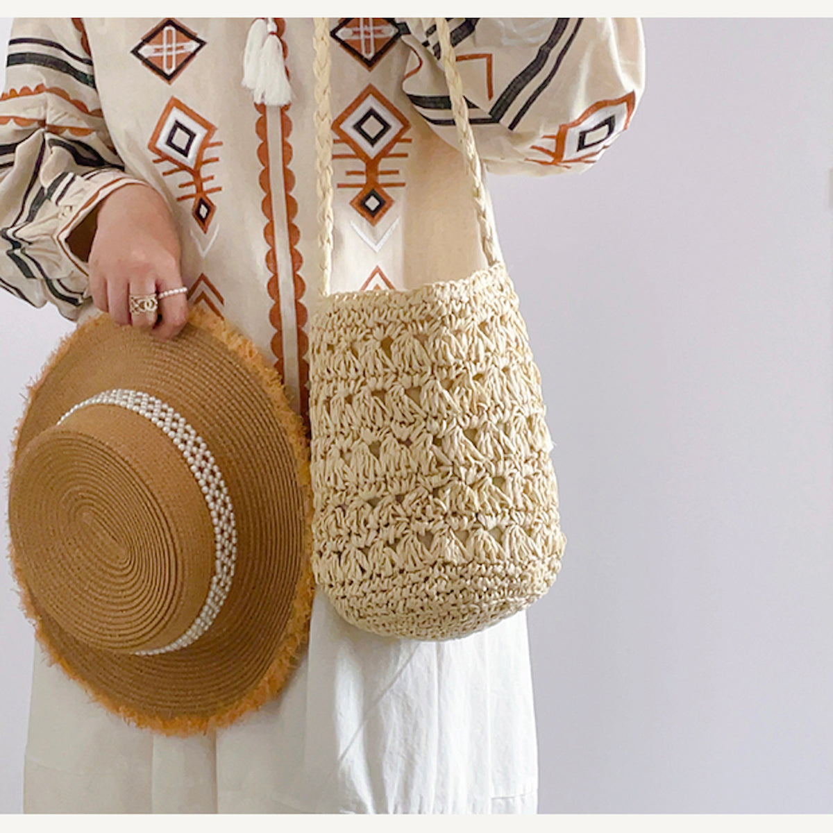 Women’s Patterned Straw Shoulder Bucket Bag for Beach, Vacation & Summer Outfits
