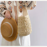Women’s Patterned Straw Shoulder Bucket Bag for Beach, Vacation & Summer Outfits