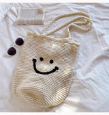 Women’s Cotton Knit Smiley Face Shoulder Bag Purse for Boho Everyday Style & Gifts