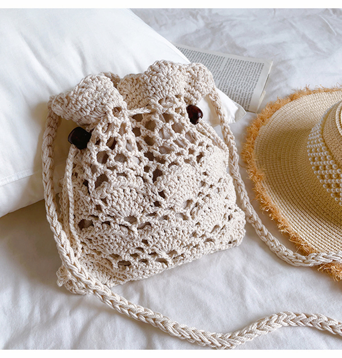Women’s Floral Cotton Knitted Shoulder Drawstring Bag with Tassel Crossbody Bag for Boho Everyday Style & Gifts