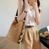Women’s Straw Woven Tote with Leather Straps for Beach, Vacation & Summer Outfits