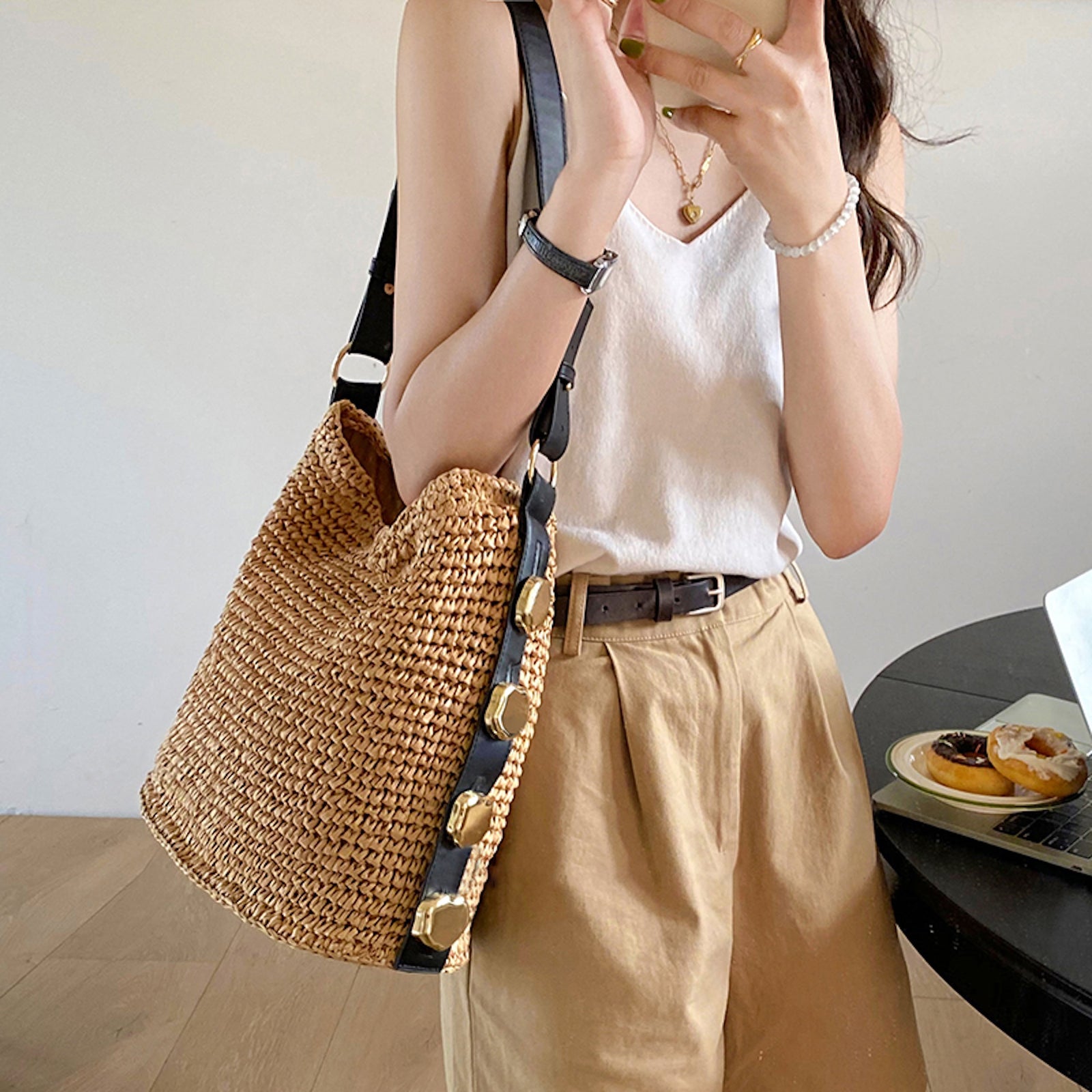 Women’s Straw Woven Tote with Leather Straps for Beach, Vacation & Summer Outfits