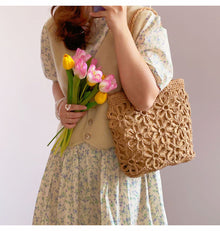 Women’s Long Handle Floral Design Straw Beach Tote for Beach, Vacation & Summer Outfits