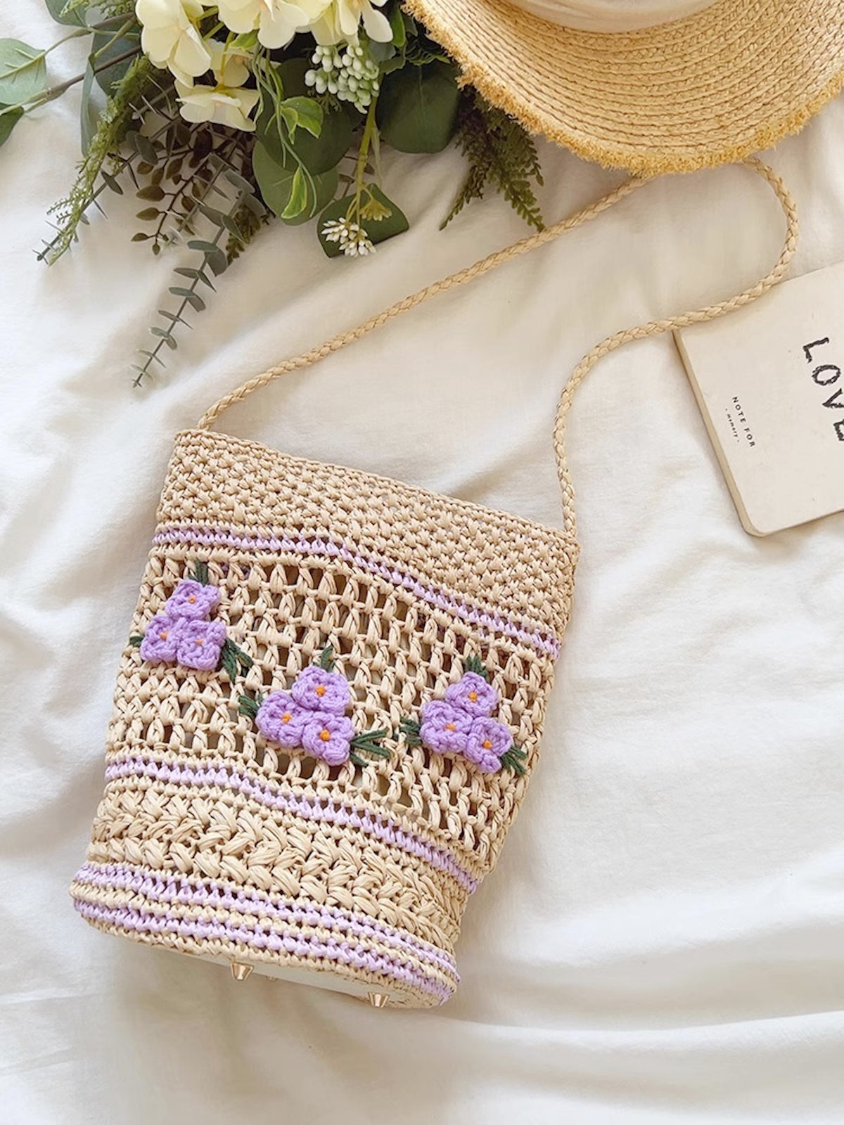 Women’s Floral Raffia Shoulder Bucket Bag Lavender Straw Bag for Beach, Vacation & Summer Outfits