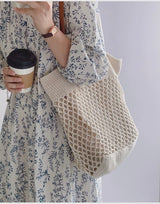 Women’s Retro Fish Net Cotton Knitted Shoulder Bag with Leather Straps for Boho Everyday Style & Gifts