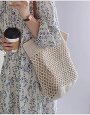 Women’s Retro Fish Net Cotton Knitted Shoulder Bag with Leather Straps for Boho Everyday Style & Gifts