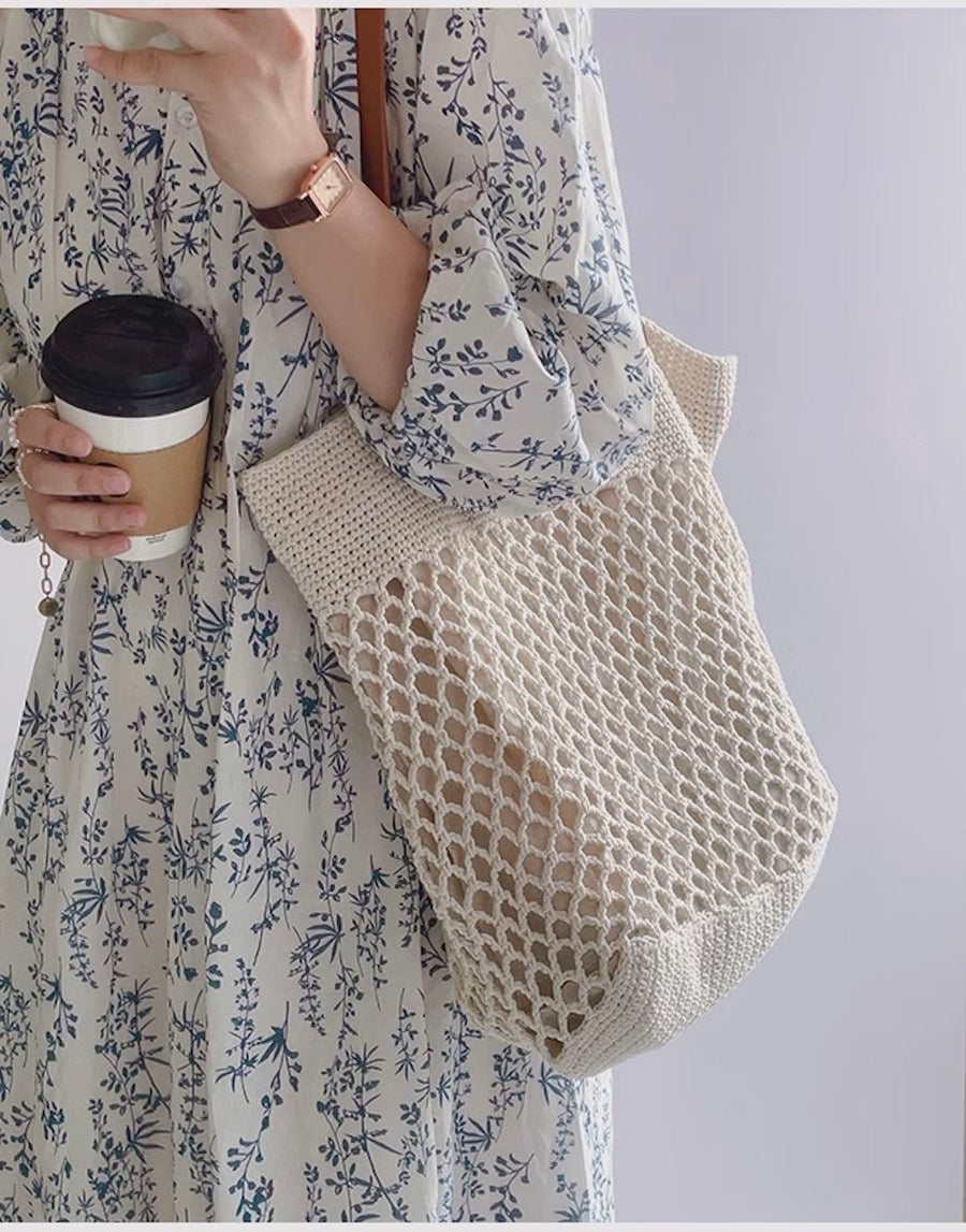 Women’s Retro Fish Net Cotton Knitted Shoulder Bag with Leather Straps for Boho Everyday Style & Gifts