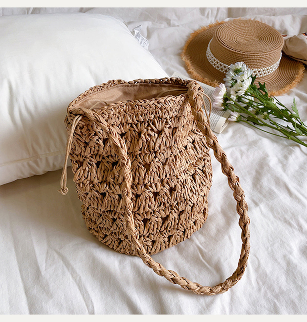 Women’s Patterned Straw Shoulder Bucket Bag for Beach, Vacation & Summer Outfits