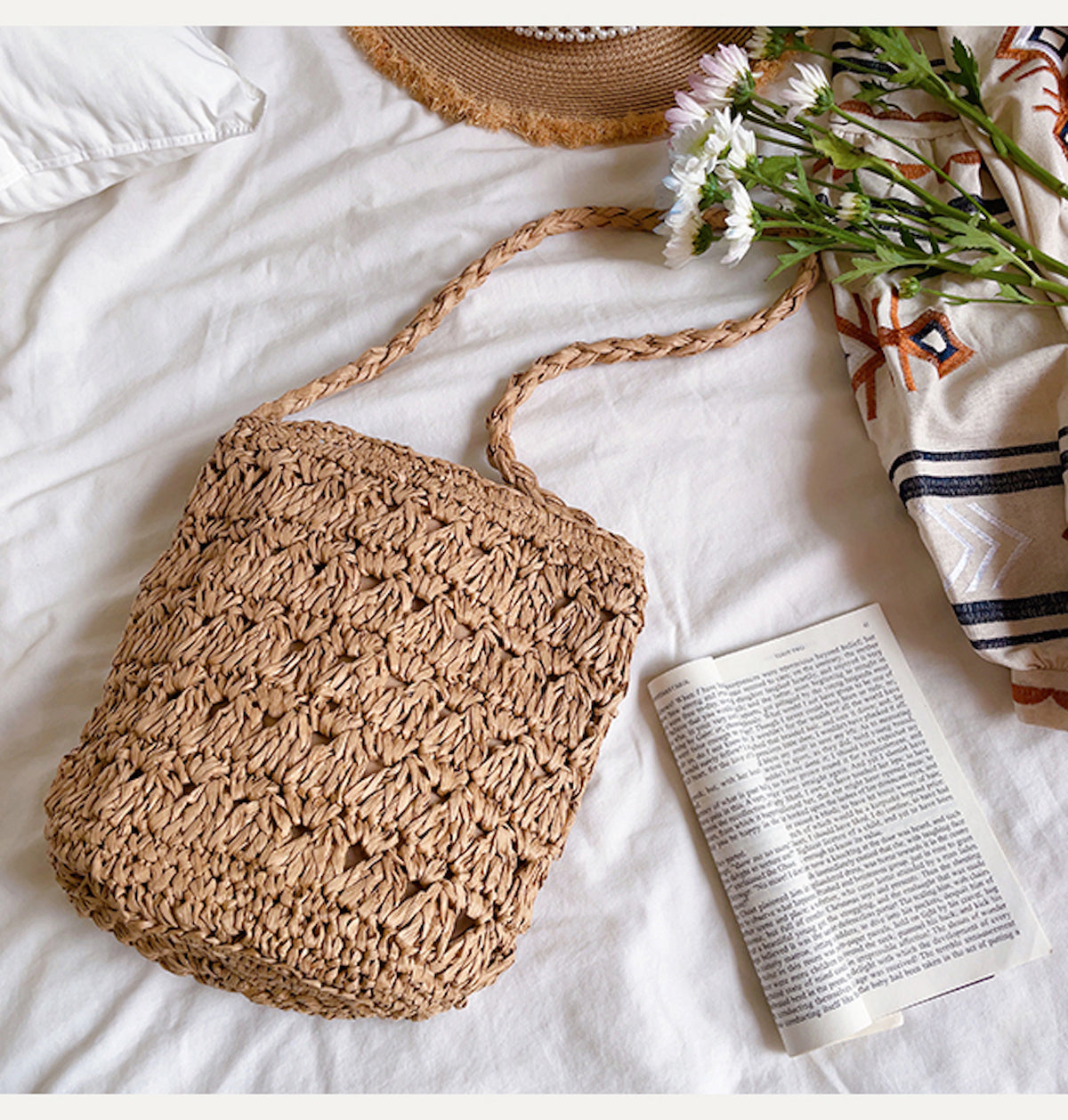 Women’s Patterned Straw Shoulder Bucket Bag for Beach, Vacation & Summer Outfits