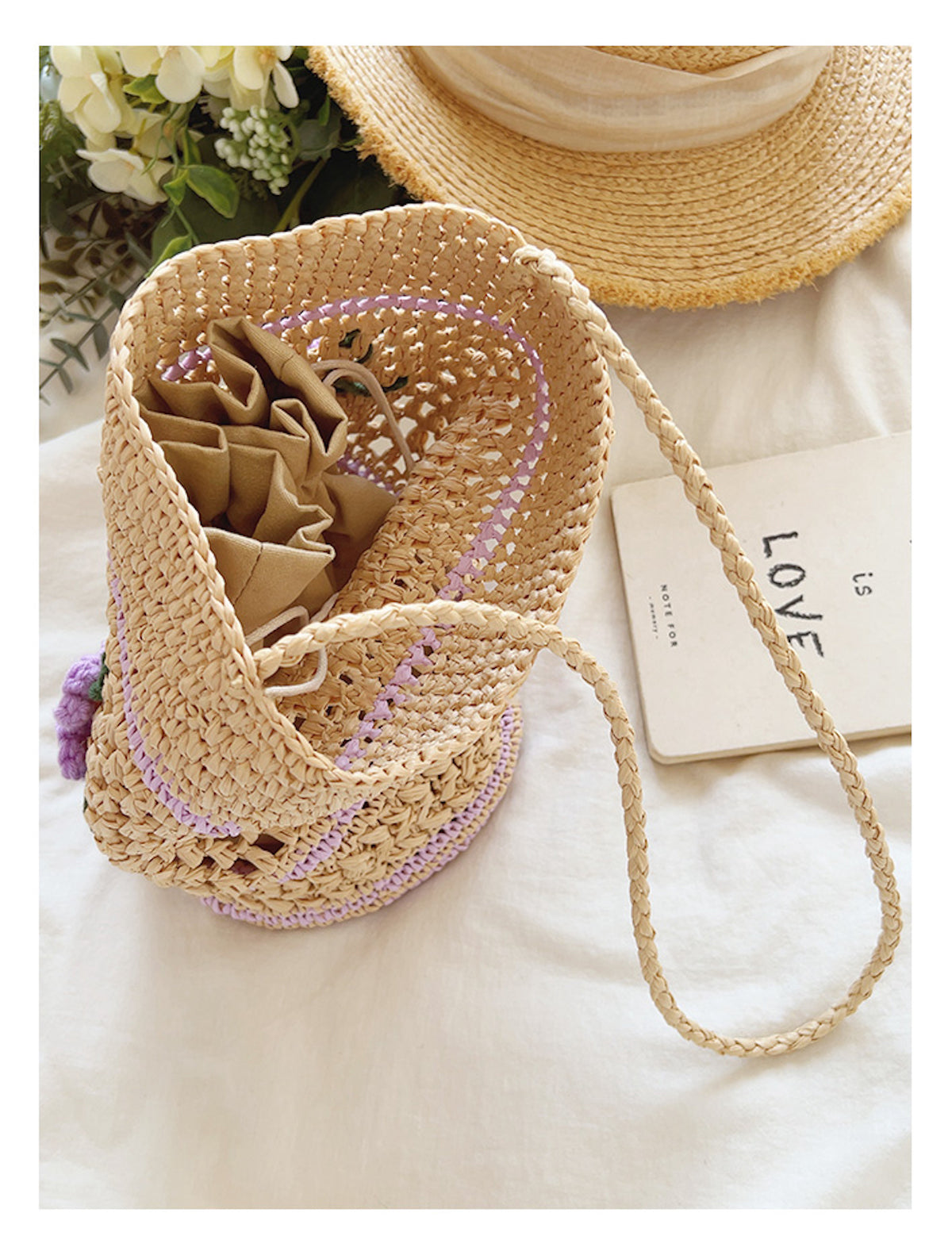 Women’s Floral Raffia Shoulder Bucket Bag Lavender Straw Bag for Beach, Vacation & Summer Outfits