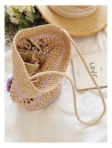 Women’s Floral Raffia Shoulder Bucket Bag Lavender Straw Bag for Beach, Vacation & Summer Outfits