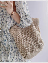 Women’s Retro Fish Net Cotton Knitted Shoulder Bag with Leather Straps for Boho Everyday Style & Gifts