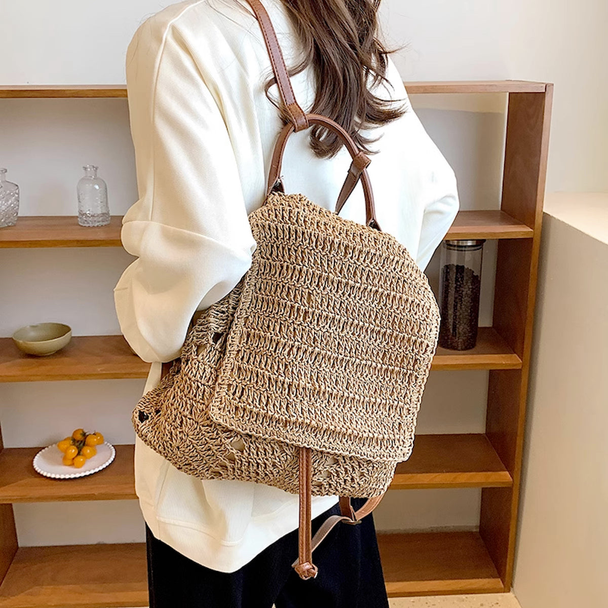 Women’s Straw Backpack with Leather Strap Tote Bag for Beach, Vacation & Summer Outfits