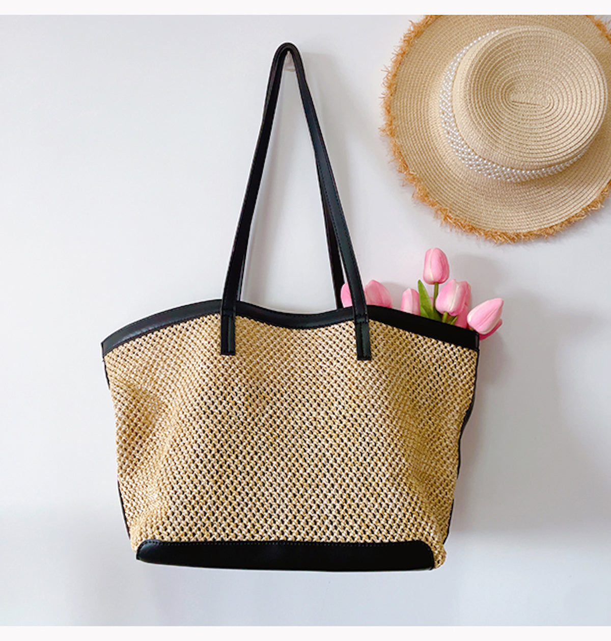 Women’s Straw Woven Tote Bag with Leather Trims for Beach, Vacation & Summer Outfits