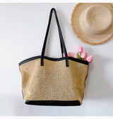 Women’s Straw Woven Tote Bag with Leather Trims for Beach, Vacation & Summer Outfits
