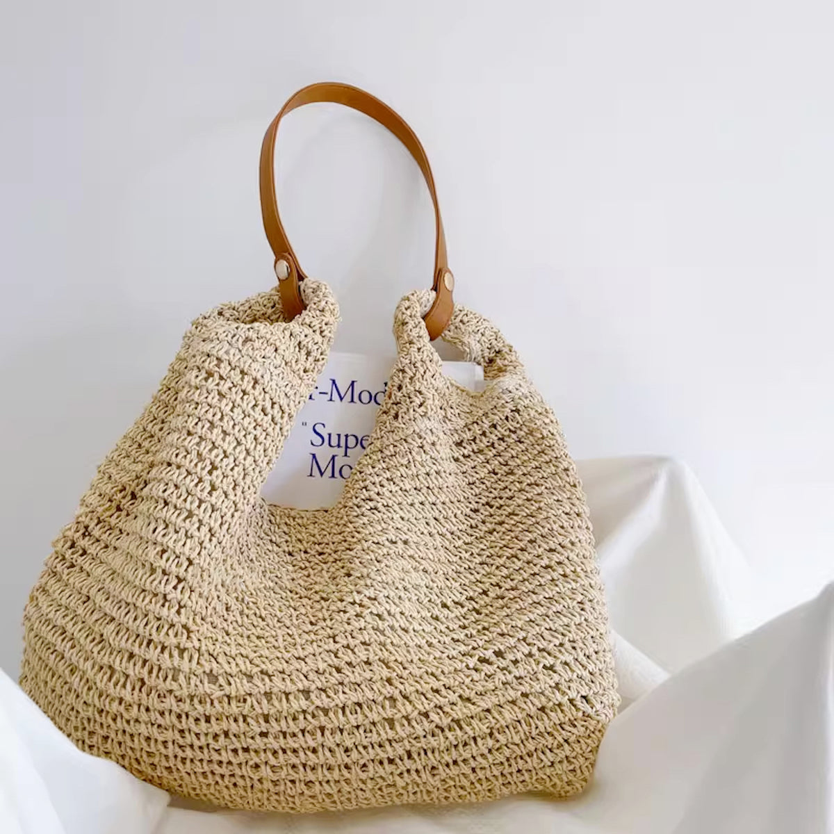 Women’s Straw Woven Tote with Leather Straps for Beach, Vacation & Summer Outfits