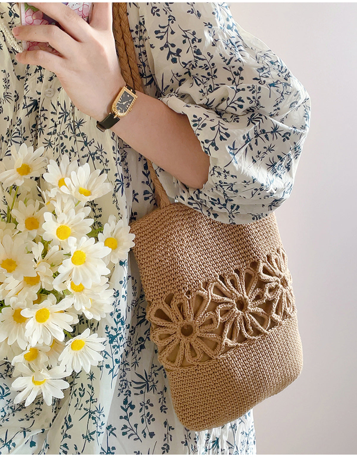 Women’s Crochet Medium Cotton Bag with Floral Design Purse for Boho Everyday Style & Gifts
