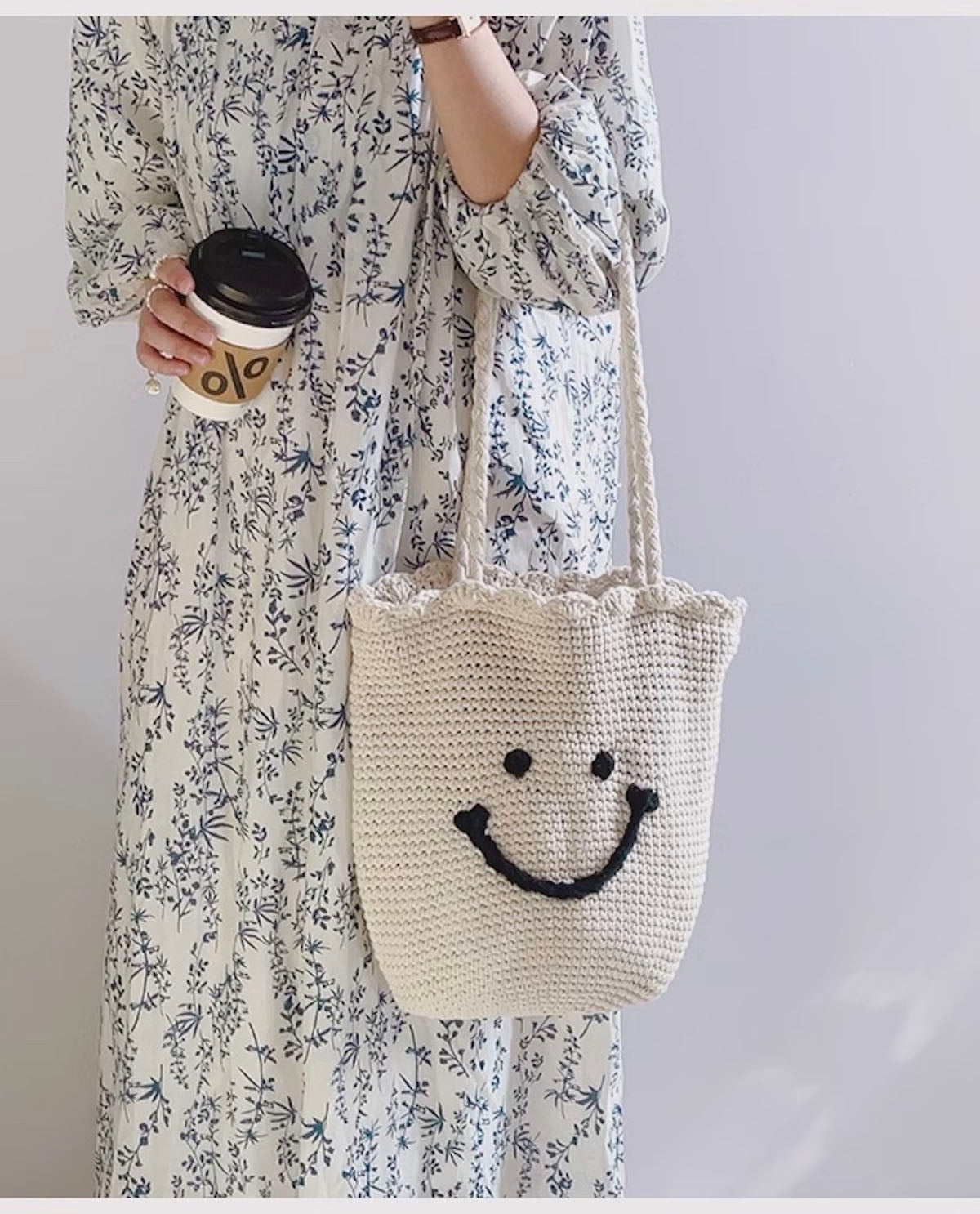 Women’s Cotton Knit Smiley Face Shoulder Bag Purse for Boho Everyday Style & Gifts