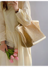 Women’s Straw Woven Tote Bag with Leather Trims for Beach, Vacation & Summer Outfits