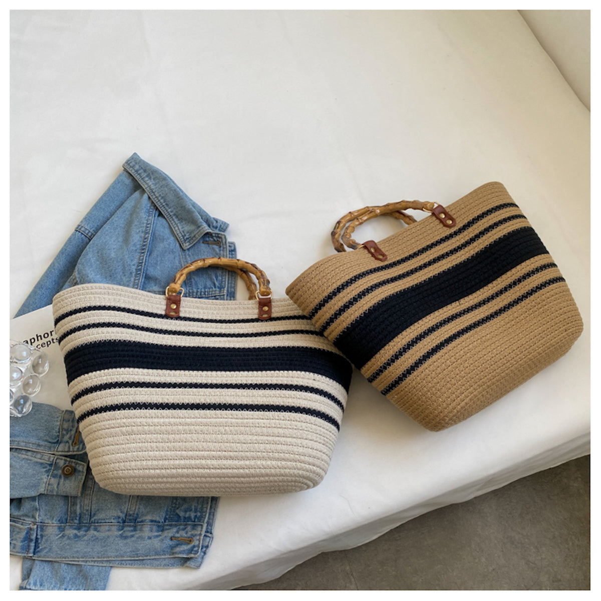 Women’s Knitted Cotton Retro Woven Tote Basket Bag for Boho Everyday Style & Gifts