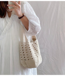 Women’s Crochet Cotton Bucket Shoulder Bag for Boho Everyday Style & Gifts