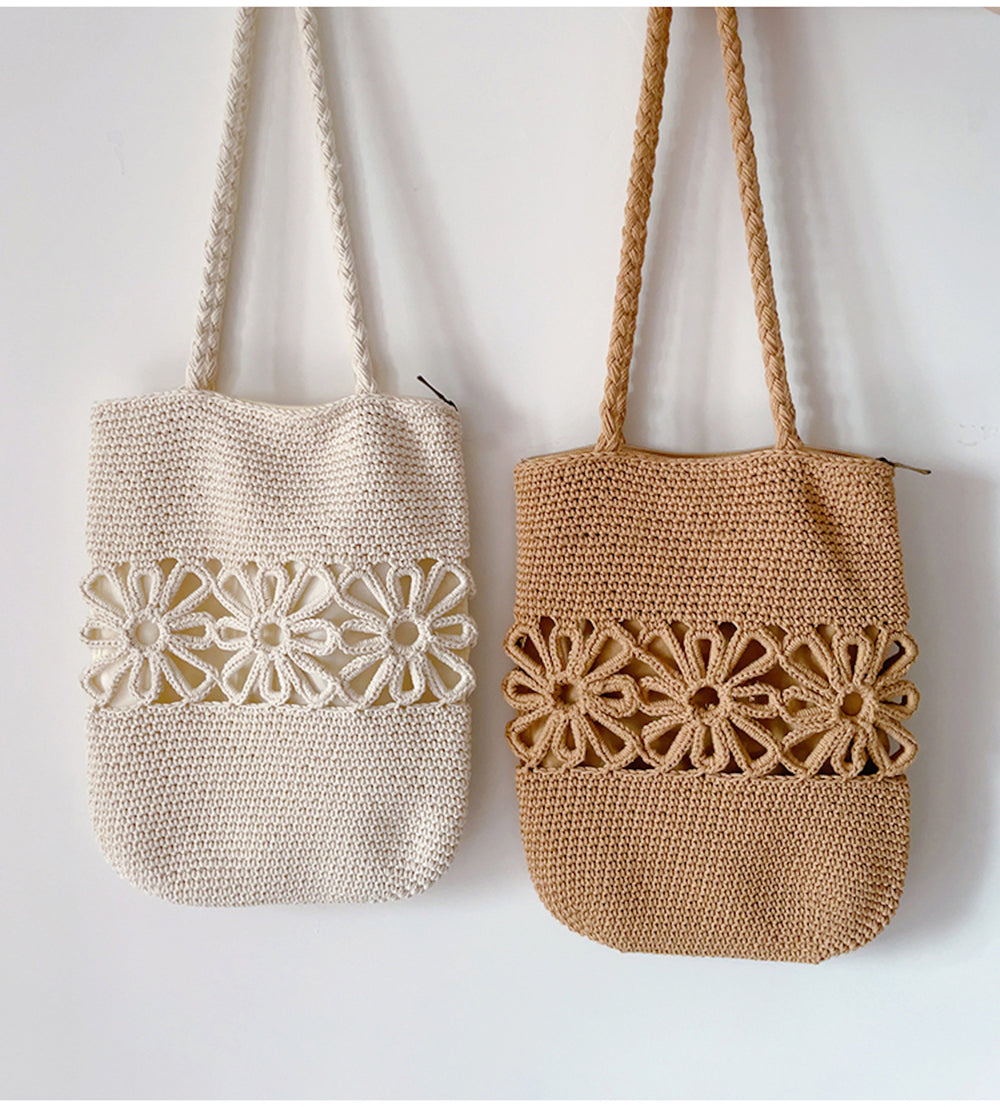 Gehäkelte Damen-Handtasche aus Baumwolle, mittelgroß, mit Blumenmuster, für Boho-Alltagsstil und Geschenke